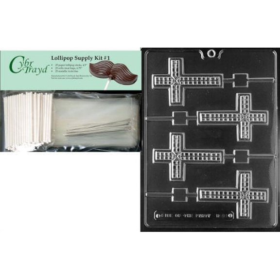 Cybrtrayd Cross Lolly Chocolate Candy Mold with Lollipop Supply Bundle, Includes 25 Sticks, 25 Cello Bags, 25 Silver Twist Ties and Exclusive Cybrtrayd Copyrighted Chocolate Molding Instructions