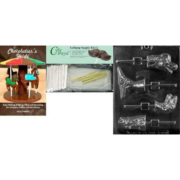 Cybrtrayd Dinosaur Lolly Chocolate Mold with Chocolatier's Bundle, Includes 25 Lollipop Sticks, 25 Cello Bags and 25 Gold Metallic Twist Ties