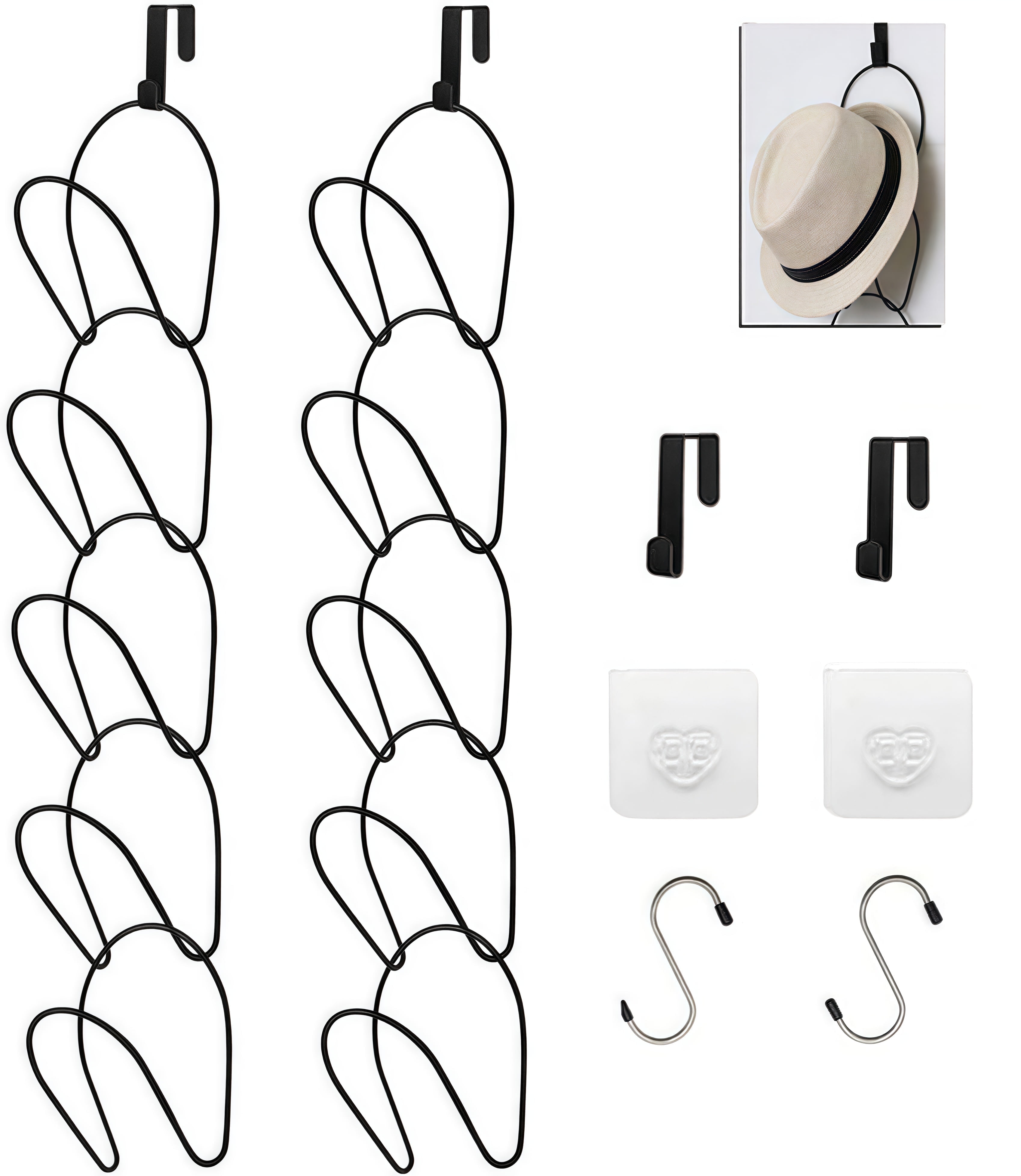 CycForge 10 Pack Hat Organizer Cap Holder Organizer (Door Hooks、S Hooks and Sticky Hooks Include), Door/Wall/Clothes Rod Hanger Storage Hat Organizer for Baseball, Caps, Towel (Black)