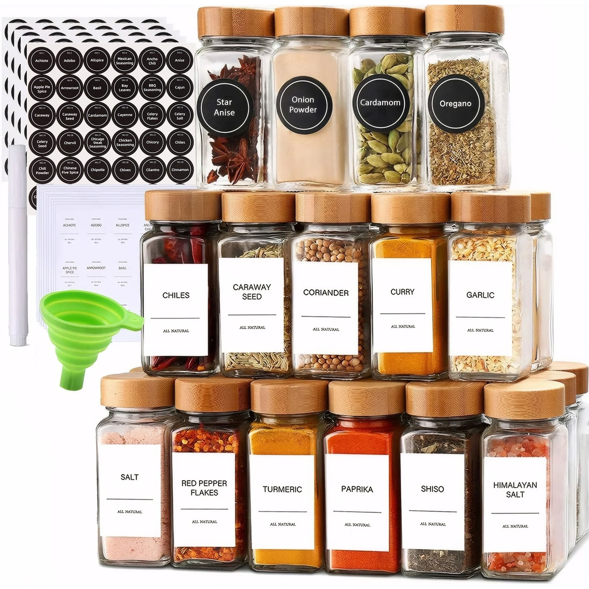 CycForge 24 Pcs Glass Spice Jars with Bamboo Lids, 4 oz Glass Jars with Minimalist Farmhouse Spices Labels Stickers, Spices Container Set, Seasoning Organizer Collapsible Funnel