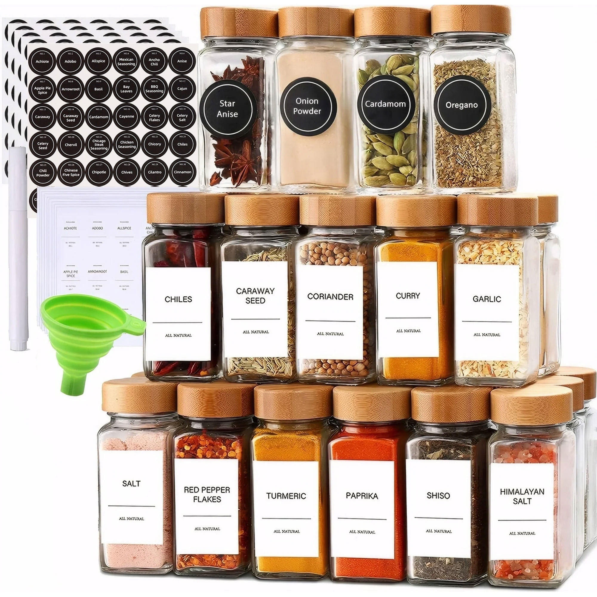 CycForge 24 Pcs Spice Jars with Lids and Labels,4 oz Empty Spice Containers Bottles for Pantry,Cabinet, Drawer, with Collapsible Funnel