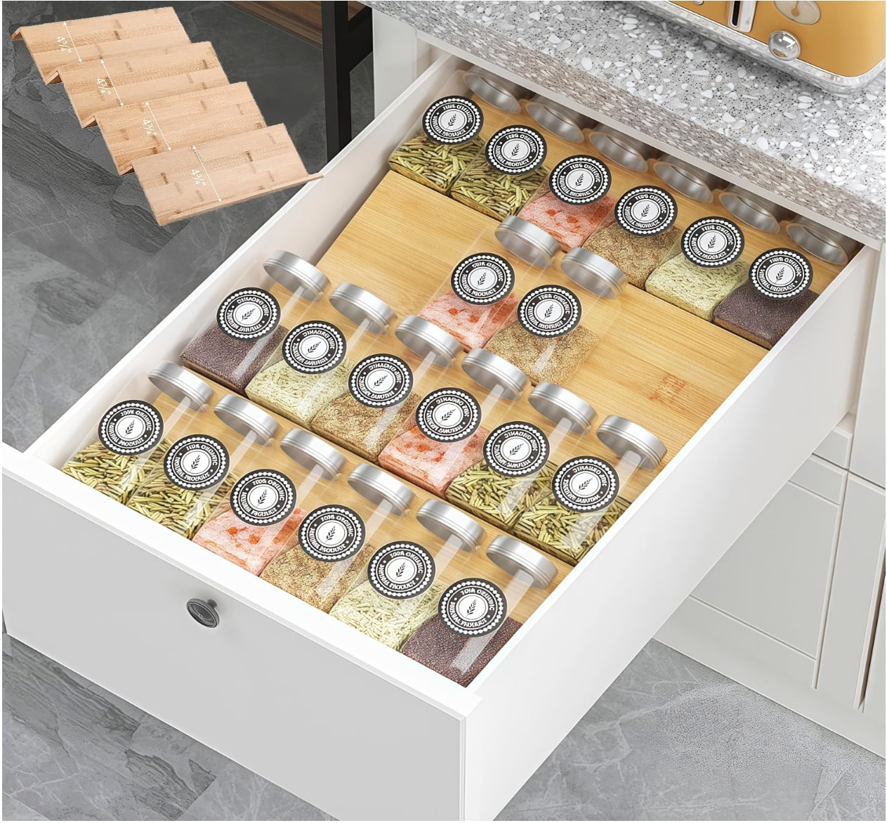 CycForge Bamboo Spice Drawer Organizer 4 Pack 13 x4.7 x1.6 Spice Rack Tray Spice Jars Drawers Insert Seasoning Organizer for Drawers Countertop Jars not included Walmart