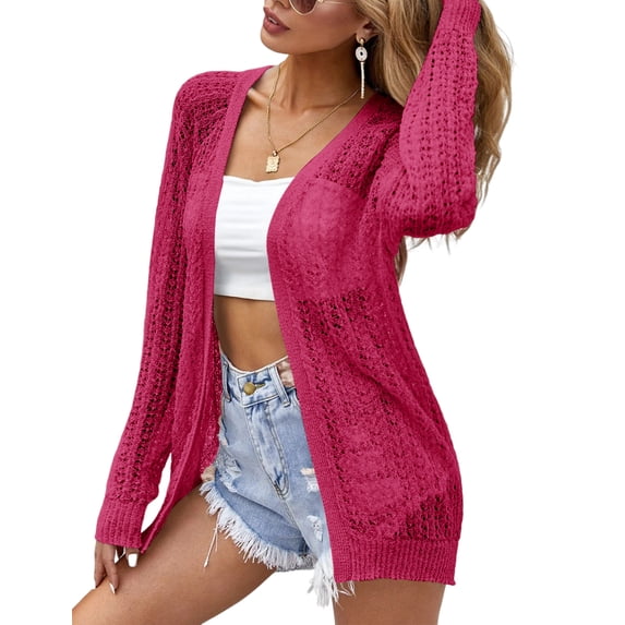 2025 Spring Lightweight Crochet Cardigan for Women Long Sleeve Open Front Knit Oversized Cardigans Sweaters