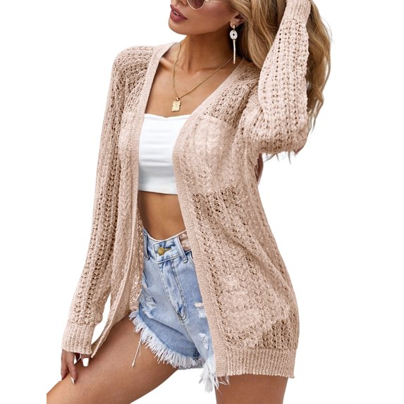 2025 Spring Lightweight Crochet Cardigan for Women Long Sleeve Open Front Knit Oversized Cardigans Sweaters