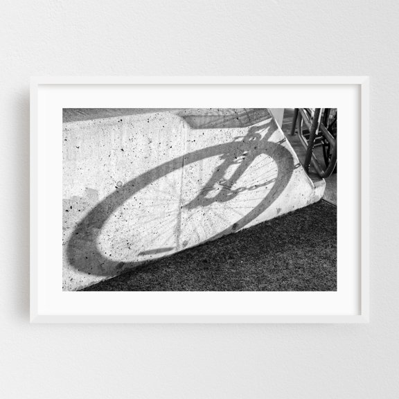 Cycle of Shadows - Photography Bicycle Black and White Abstract Street Photography Minimalist White Framed Wall Art Print 5 x 7 inches