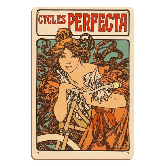 Cycles Perfecta Bicycles - Vintage France Advertising Poster by Alphonse Mucha c.1902 - 8 x 12 inch Vintage Wood Art Sign