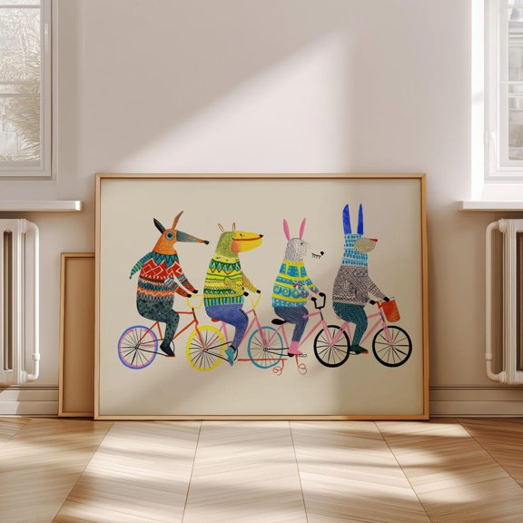 Cycling Animals Nursery Poster: Playful Room Wall Art, Unframed Poster Size 8x12