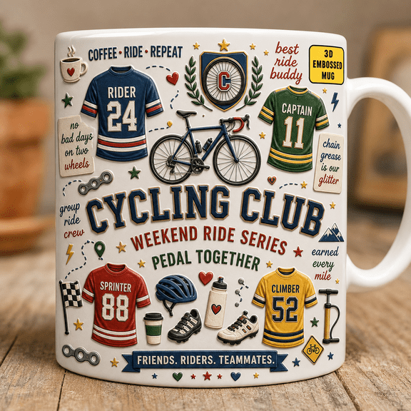 Cycling Club Mug 3D Embossed Gift Mug for Riders, Weekend Ride Crew & Bike Lovers