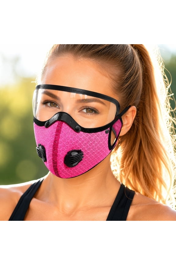 Cycling Face Mask with Detachable Eye Shield Breathable Dual Valve Sport Mask Windproof Dustproof Mesh Cover for Outdoor Commuting Running Biking Gear Pink