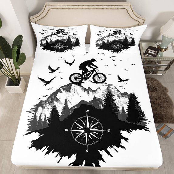 Cycling Fitted Sheet Queen 3 Pcs,Outdoor Sport Adventure Bedding Set Teens,Nature Mountain Trees Silhouette Bed Sheet (No Top Sheet),Riders Deep Pocket Sheet,2 Pillowcases