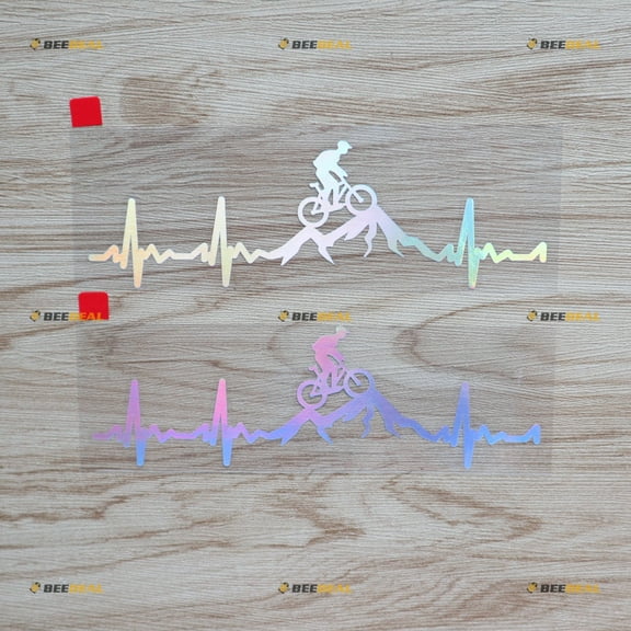 Cycling Funny Bike Bicycle Decal Sticker Vinyl Heart Beat Mountain Racing Rider - 2 Pack Holographic Iridescent Colorful, 6 Inches - for Car Boat Lapt