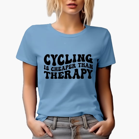 Cycling Is Cheaper Than Therapy, Groovy Retro Wavy Text Merch Gift, Baby Blue T-Shirt, Large