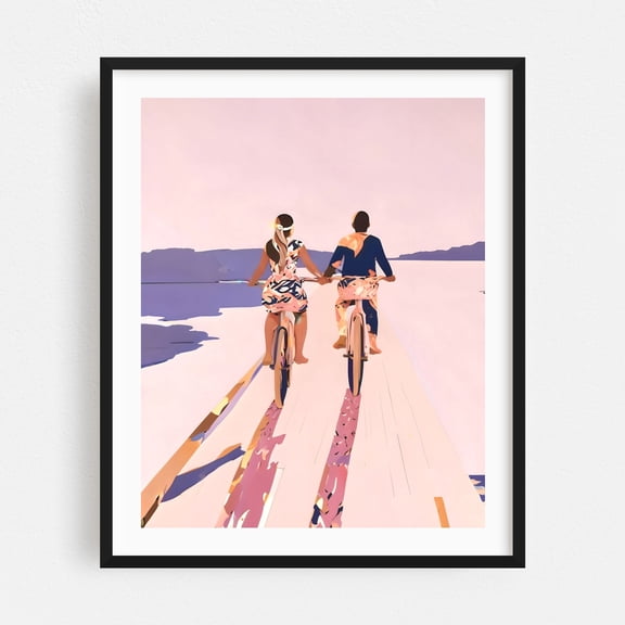 Cycling Joy Series 01: Into The Lilac Sunset - India Painting Bicycle Boardwalk Summer Pastel Minimalist Art Deco Modern Art Black Framed Wall Art Print 8 x 10 inches