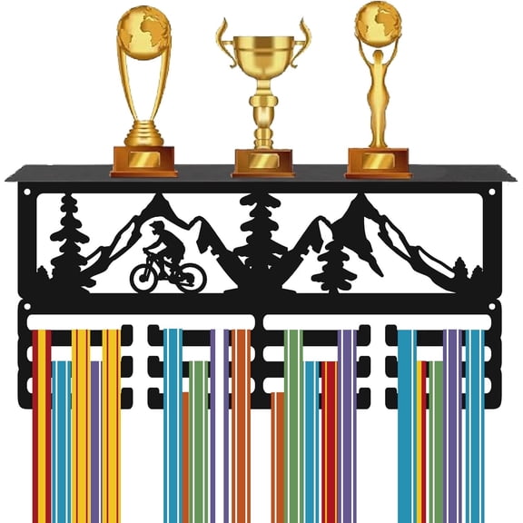 Cycling Medal Display Trophy Holder Stand Black Metal Iron Wall Mount Hold 60+ Medals Awards Ribbons Hanger Rack Shelf with 12 Hooks for Competition Sports Athletes 15.8 x 7.9 x 3.9 Inch
