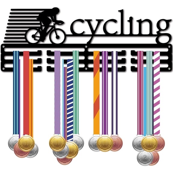 Cycling Medal Holder Hanger Medal Rack Organizer Metal Shelf Medal Holder Stand Frame Hanging Wall Mounted with 12 Hooks 3 Rows for Athletes Gold Silver Bronze Race Black 15.7x6Inch