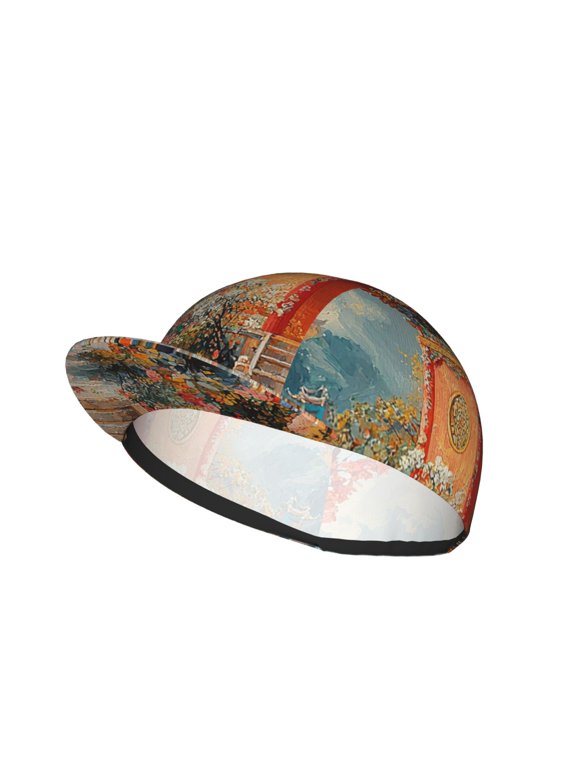 Cycling Mesh Cap with Brim, Breathable Hat for Riding, Running, Hiking, Chinoiserie Temple Chinese Print