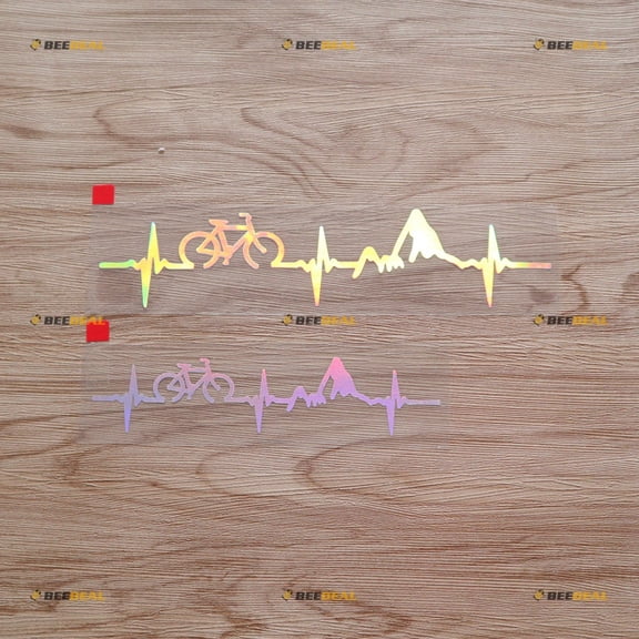 Cycling Mountain Heartbeat Funny Bike Bicycle Racing Rider Sticker Decal Vinyl - 2 Pack Holographic Iridescent, 6 Inches, 8 Inches - No Background Die Cut for Car Boat Laptop