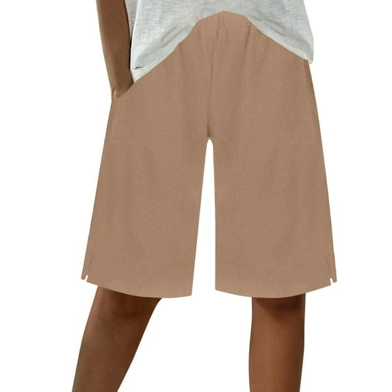 Cycling Shorts Womens Linen Shorts. Summer 2025 Solid Color Drawstring Straight Leg Elastic Waist Casual Beach Bermuda Shorts with Pockets Brown L