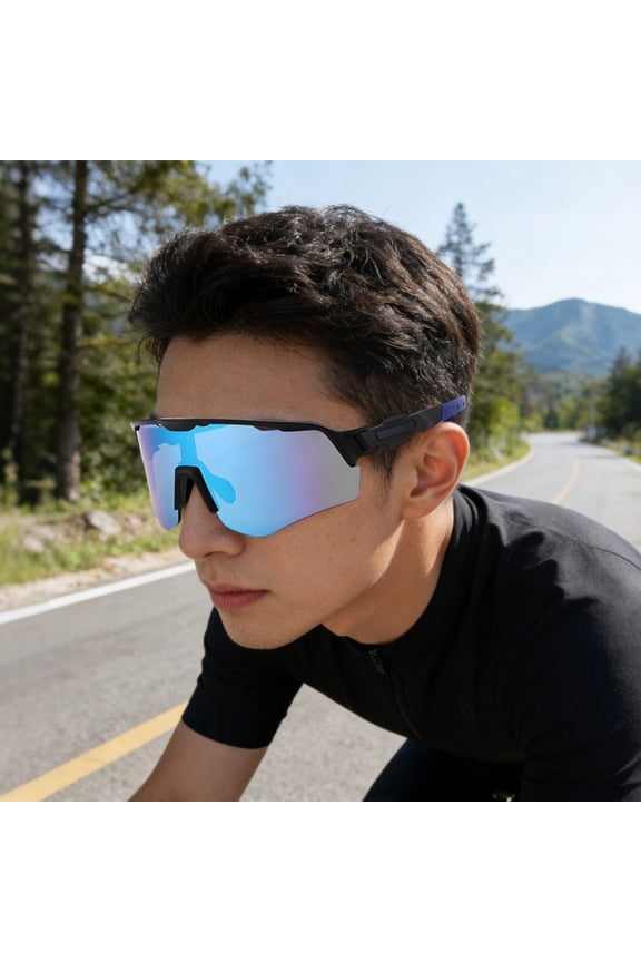Cycling Sunglasses, Outdoor Sports UV380 Sun Protection, Black Frame, Blue Lens, Wide Vision, Lightweight Frame, Comfortable Fit, Anti-Slip, PC, for Men and Women