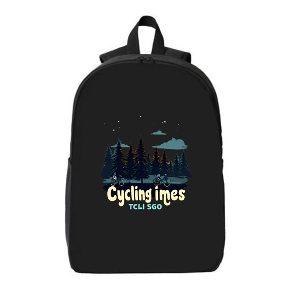 Cycling Times Black Backpack - Night Forest Design with Silhouetted Trees & Cyclists Fits 15 Laptop & iPad Ideal for College & Travel "