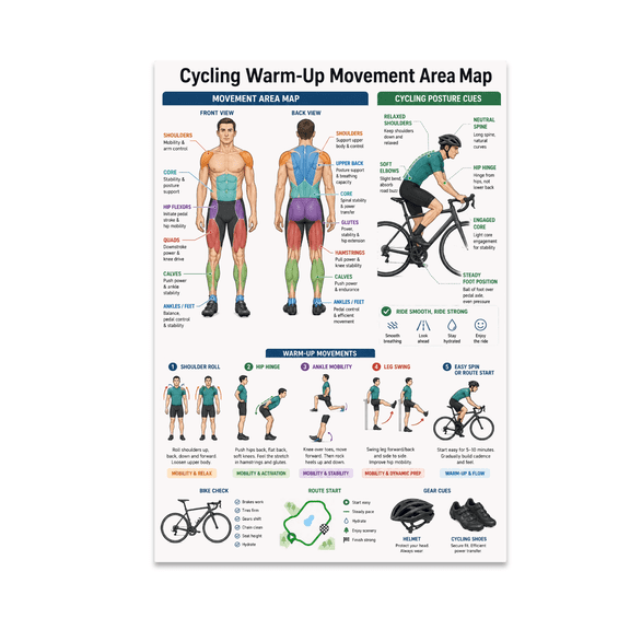 Cycling Warm-Up Movement Area Map Poster, Spin Rooms, Bike Clubs, Fitness Studios, and Cycling Enthusiasts, 13x19 Glossy Paper
