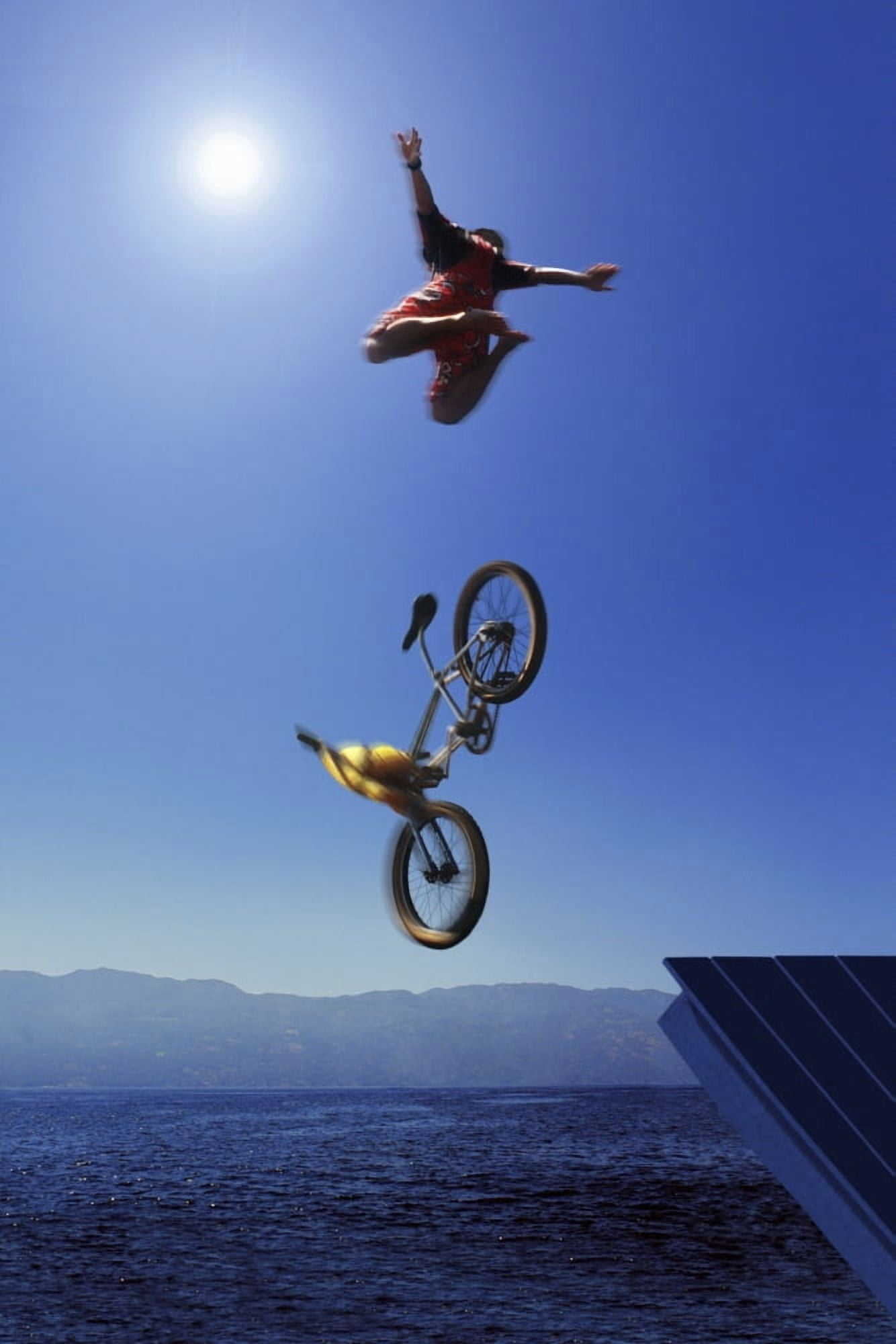 Cyclist Going Off Jump Into Water Canvas Art - Don Hammond Design Pics (11 x 17)