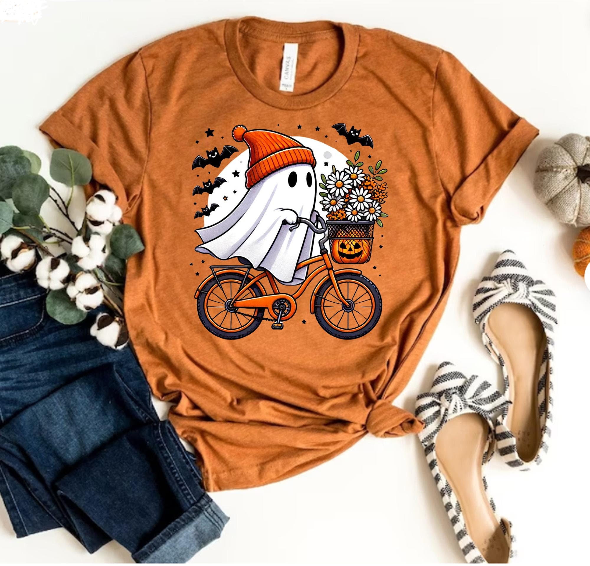 Cyclist Halloween Shirt Spooky Ghost, Floral Boo Shirt, Ghost Riding ...