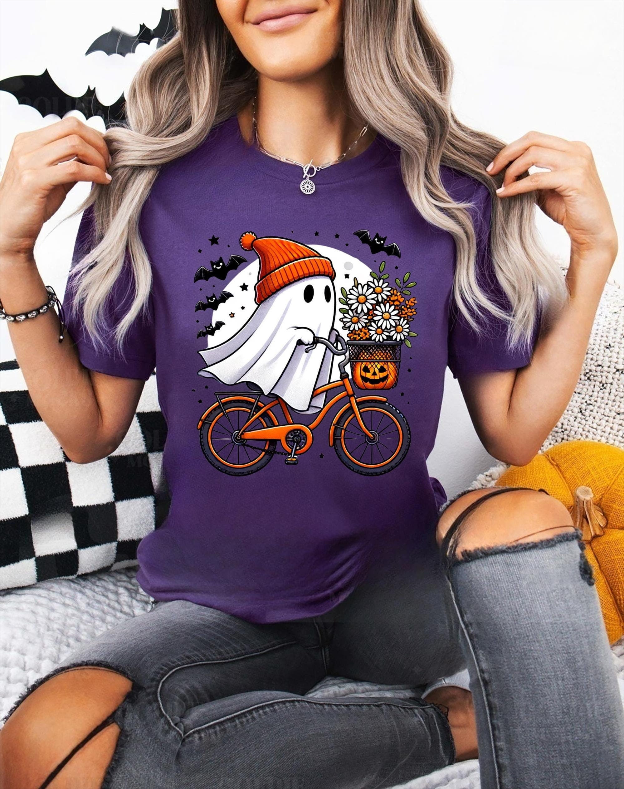 Cyclist Halloween Shirt Spooky Ghost, Floral Boo Shirt, Ghost Riding ...