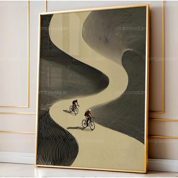 Cyclist Optical Illusion Art Retro Minimalist Tiny People Abstract Print Mid Century Modern Wall, Unframed Paper Poster 8x10in