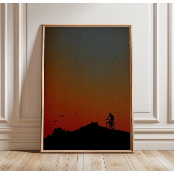 Cyclist Sunset Poster Bike Silhouette Wall Art Warm Landscape Print 1