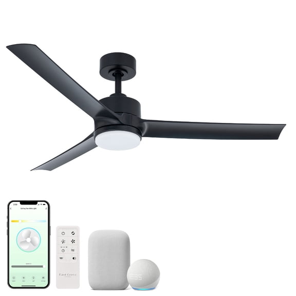 Cyclone 52in 3-Blade Smart Ceiling Fan 2700K-6000K CCT Tunable Range LED Light Kit in Matte Black Works With iOS or Android App