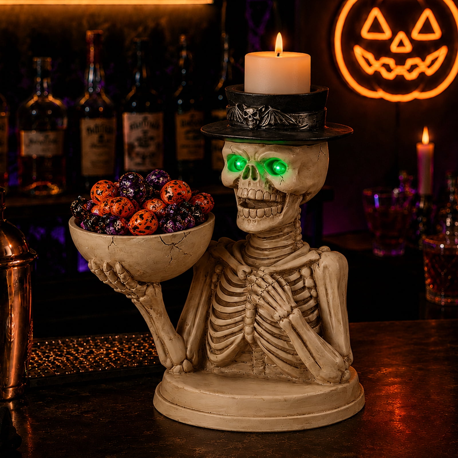 Skeleton Candle Holder with LED Glowing Green Eyes Top Hat Bat Design Resin Halloween Tabletop Decor