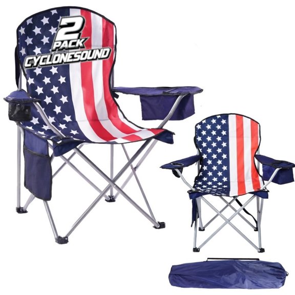 CycloneSound 2-Pack Premium Portable Folding Camping Chairs with Can Cooler, Storage Pocket, Flag