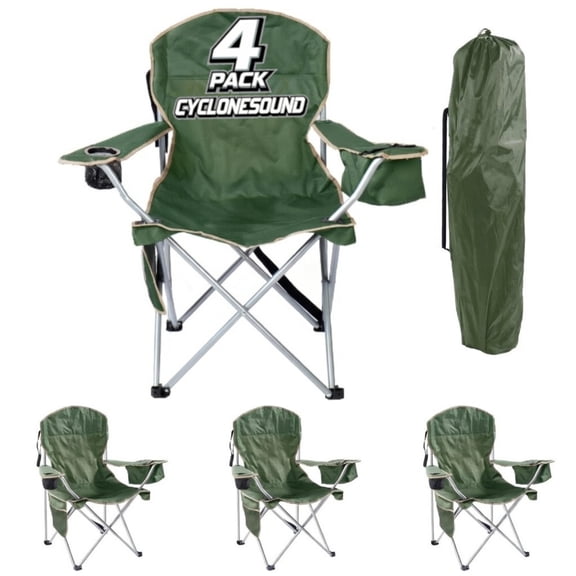 CycloneSound 4-Pack Premium Portable Folding Camping Chairs with Can Cooler, Storage Pocket, Olive Green