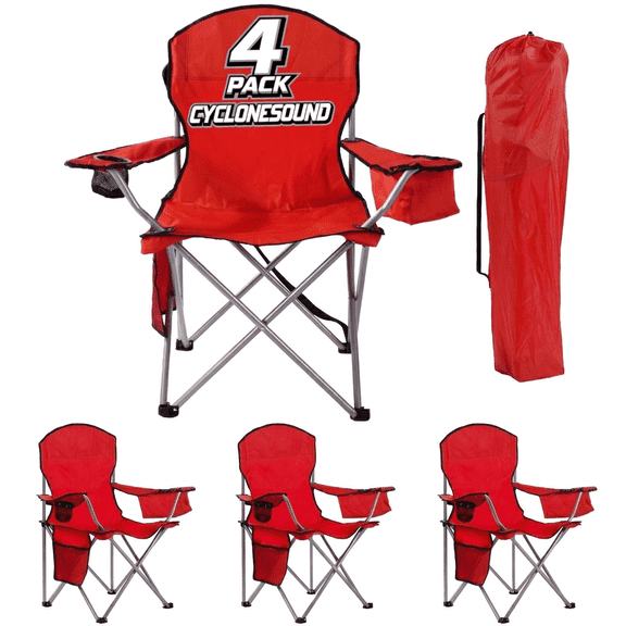 CycloneSound 4-Pack Premium Portable Folding Camping Chairs with Can Cooler, Storage Pocket, Red