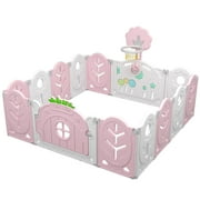 CycloneSound Baby Playpen Center Foldable Play Yard w/ Game Wall and Lock Door and Basketball Hoop (Pink)