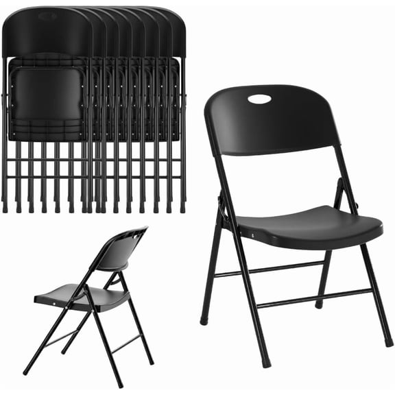CycloneSound Heavy Duty Plastic Foldable Chair for Adults, Portable Folding Chair for Patio, Backyard, Party, or Wedding — Comfortable Stackable Outdoor Chair, Black (8 Pack)