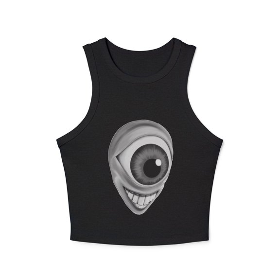 Cyclops Grin Eye Face Racer Tank Top | Creepy Graphic, Back Script Quote