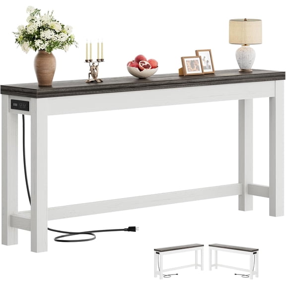 Cyclysio 63" Console Tables for Entryway, Long Console Tables for Living Room, Behind Couch Table, Sturdy Wood Support Farmhouse Entryway Table with 3AC+2USB Charging Station, Oak Grey