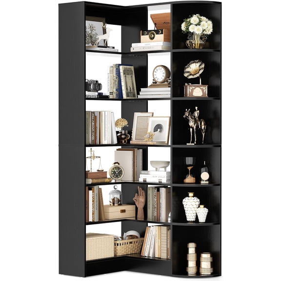 Cyclysio Corner Shelf 6 Tiers Large Tall Corner Bookshelves with Baffle, 71" L-Shaped Bookcase Display Shelves with Open Storage for Bedroom, Home Office, Living Room & Kitchen (Black)