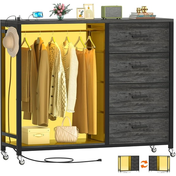 Cyclysio Dresser for Bedroom with Clothes Rack, 4 Fabric Drawers Dresser with Charging Station & LED Lights, Grey Storage Chest of Drawers with Wheels, Wooden Top, Lockable Wheels, Closet, Grey Oak