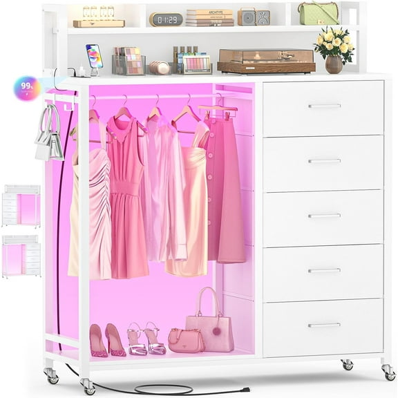Cyclysio Dresser for Bedroom with Clothes Rack & Shelves, 5 Fabric Drawers Dresser with Charging Station & LED Lights, Chest of Drawers with Lockable Wheels, Storage Shelves, Closet, Entryway (White)