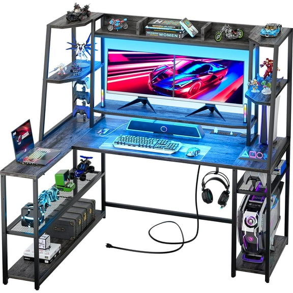 Cyclysio L Shaped Desk, L Shaped Gaming Desk with Led Lights and Charging Station, 63" Gaming Table with Shelves Hutch and Monitor Stand, Grey Oak