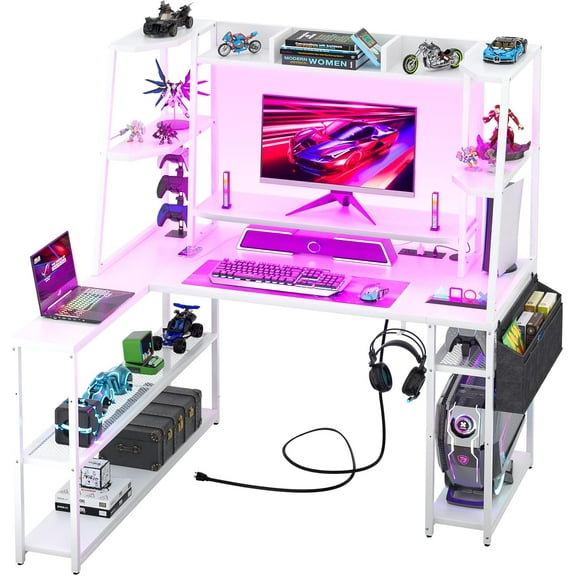 Cyclysio L Shaped Gaming Desk, 47” L Shaped Desk with Storage, Gaming Desk with Shelves, Charging Station and LED Light, Computer Desk with Monitor Stand and Storage Bag, White