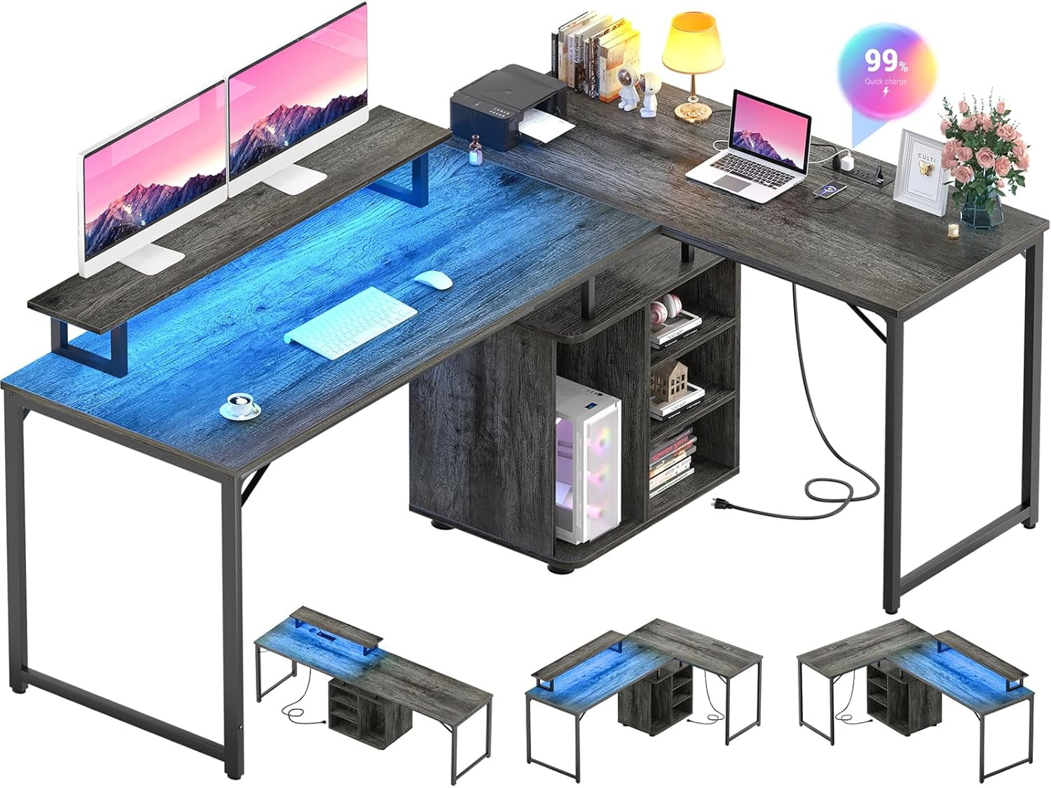 Cyclysio L Shaped Gaming Desk with Wood Cabinet, 58