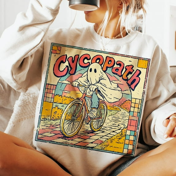Cycopath Halloween Sweatshirt, Vintage Spooky Ghost and Bicycle Tee for Fall Season, Trendy Retro Halloween Shirt