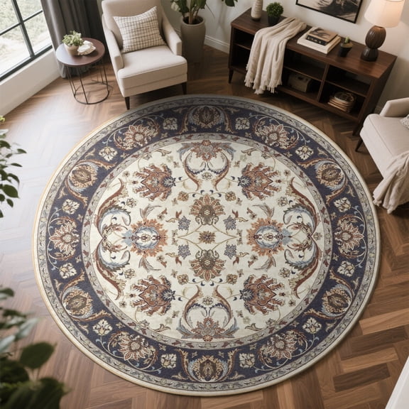 Cydiria Beige Round Persian Medallion Area Rug Floral Pattern Print Low-Pile Carpet for Living Room, 6' x 6'