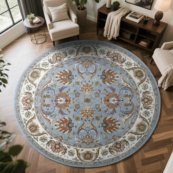 Cydiria Blue Round Persian Medallion Area Rug Floral Pattern Print Low-Pile Carpet for Living Room, 4' x 4'