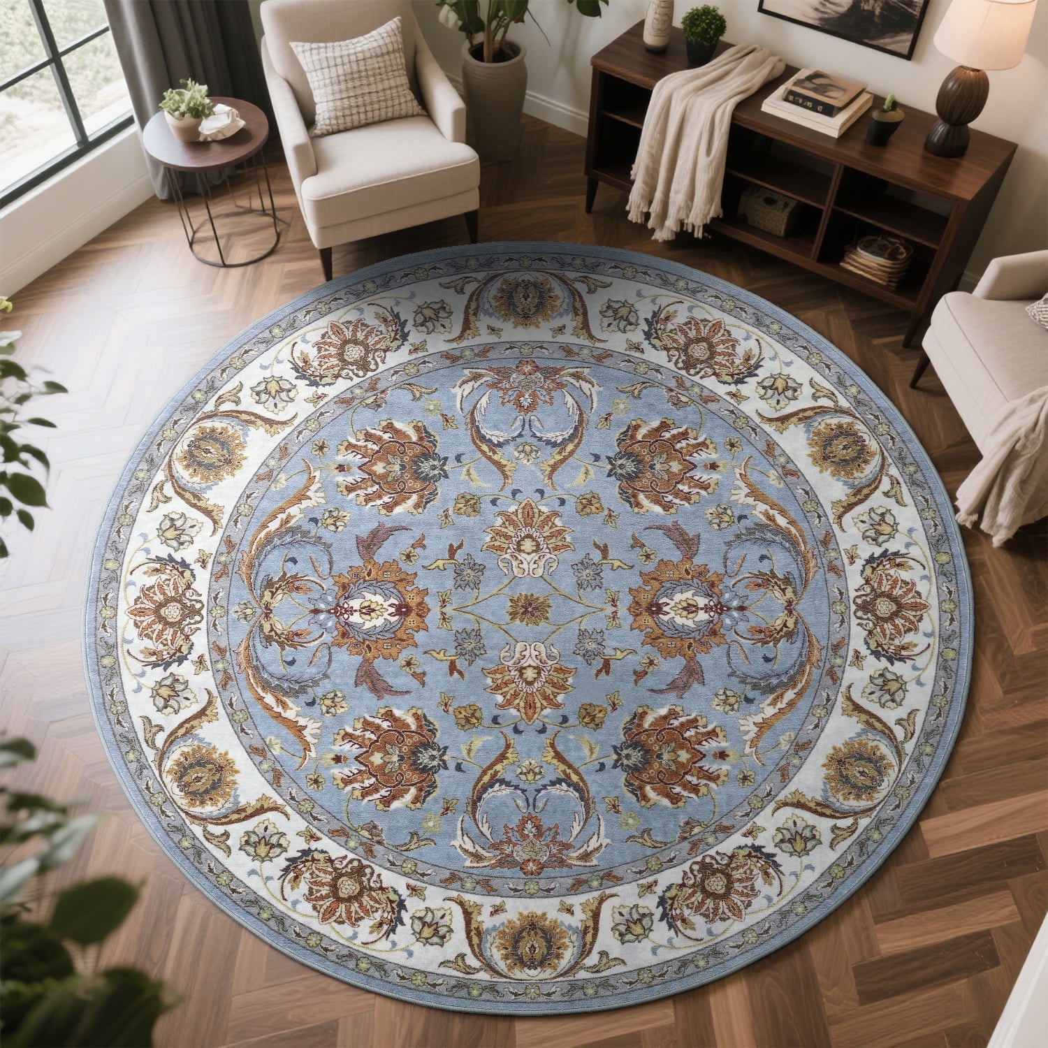 Cydiria Blue Round Persian Medallion Area Rug Floral Pattern Print Low-Pile Carpet for Living Room, 6' x 6'