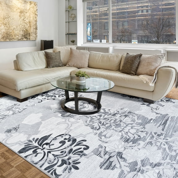 Cydiria Contemporary Abstract And Traditional Floral Faux Wool Area Rug, 4' x 6', Gray